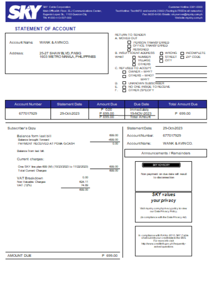 Sky Cable Corporation utility business bill, SCR PSD template